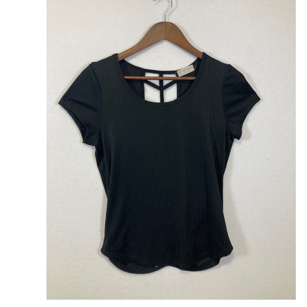 Full Circle Trends Black Ribbed Cutout Back‎ T-Shirt Top Women Large